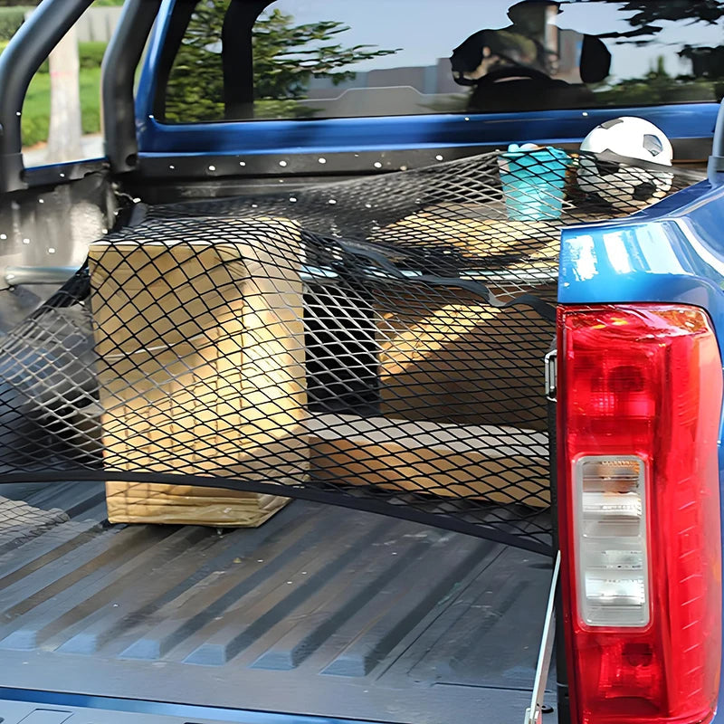 Heavy-duty cargo net for truck and SUV organization, durable mesh with reinforced edges, ideal for secure transport.