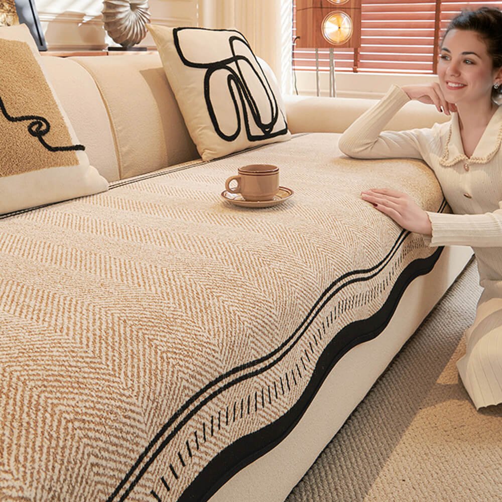 Herringbone Chenille Couch Cover with Non - Slip Wavy Edges - Lexians