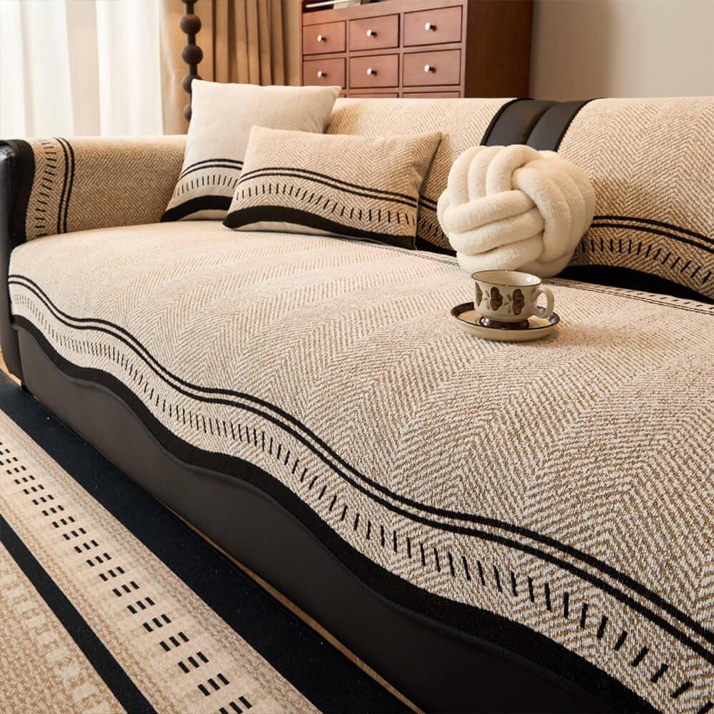 Herringbone Chenille Couch Cover with Non - Slip Wavy Edges - Lexians