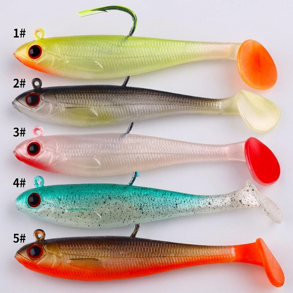 Lifelike soft plastic swimbait lure with jig head, ideal for bass and pike fishing. Realistic artificial bait.