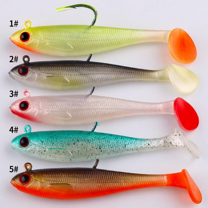 Lifelike soft plastic swimbait lure with jig head, ideal for bass and pike fishing. Realistic artificial bait.