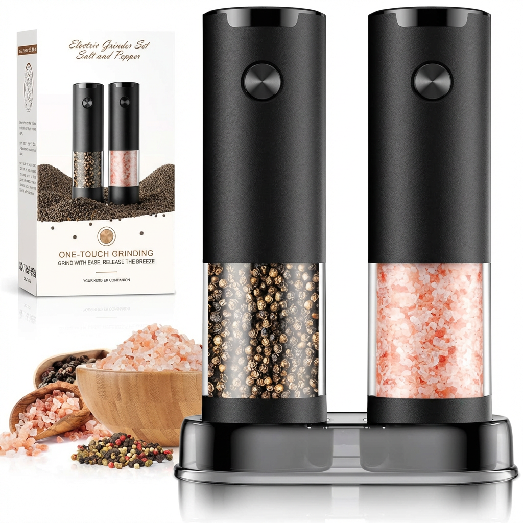 Unisex electric salt and pepper grinder set for automatic, one-hand seasoning. Battery powered kitchen tool.