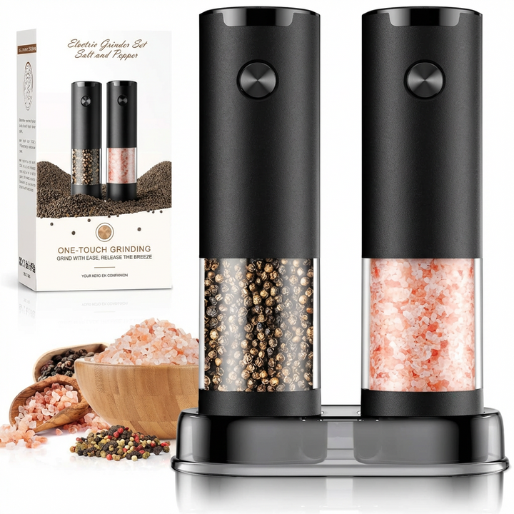 Unisex electric salt and pepper grinder set for automatic, one-hand seasoning. Battery powered kitchen tool.