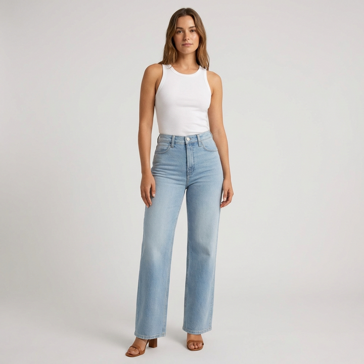 Dark blue high-waisted straight leg cropped jeans for women, perfect casual everyday denim with a modern fit.