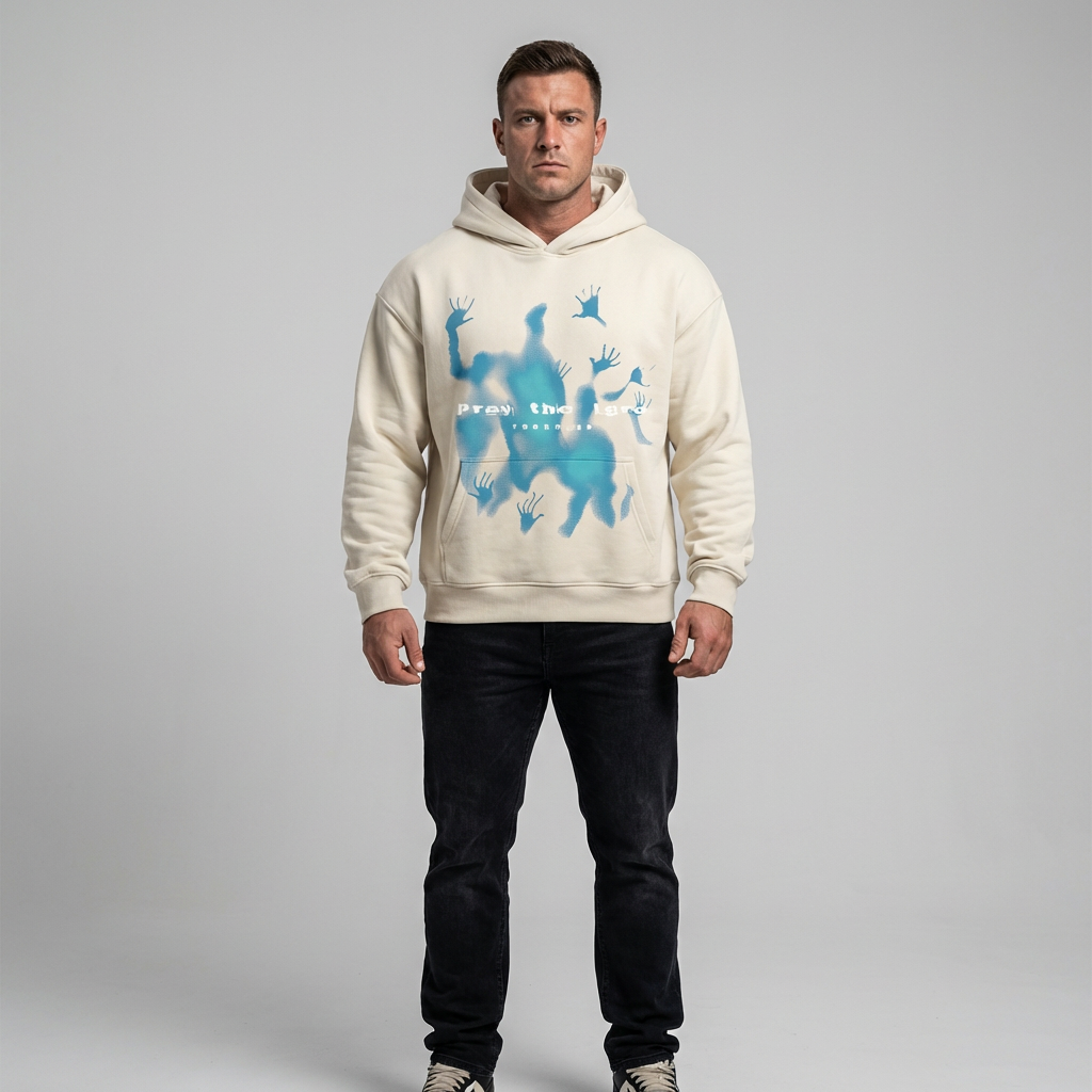 Unisex oversized beige graphic hoodie. Perfect for streetwear, vintage look, casual, relaxed fit everyday wear. Long sleeve pullover.