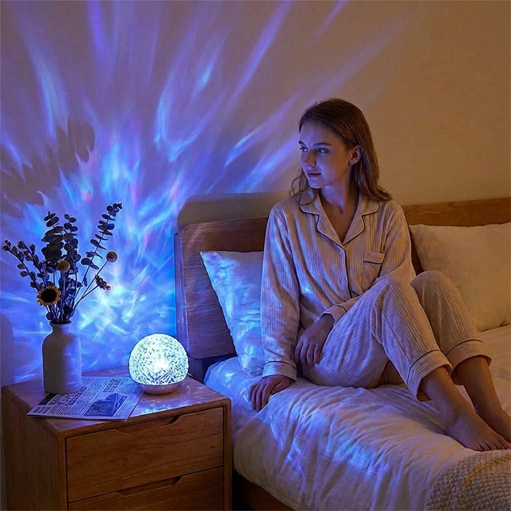 Calming ocean wave projector lamp offering peaceful LED ambient lighting. Transforms bedroom into a serene escape.