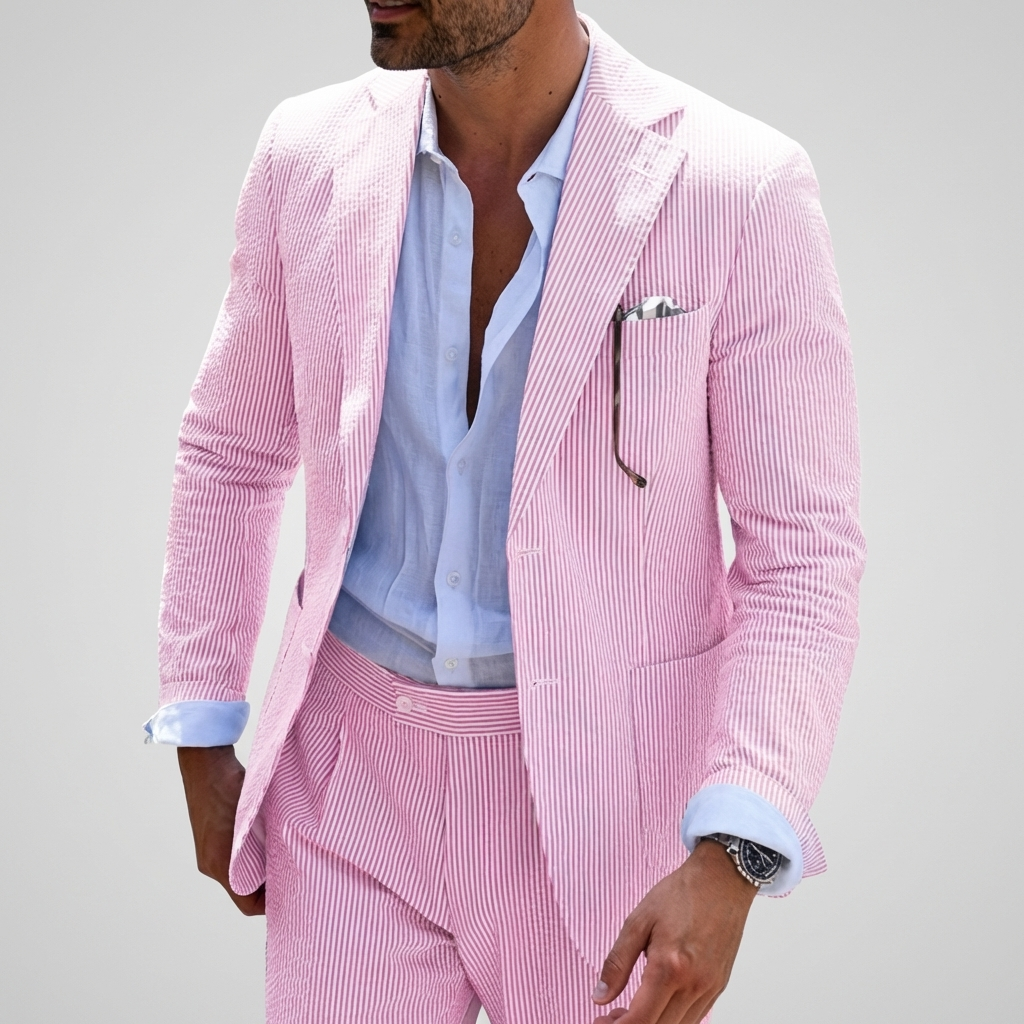 Elegant men's pinstripe slim fit summer suit. Perfect for wedding guests, business meetings, or formal events.