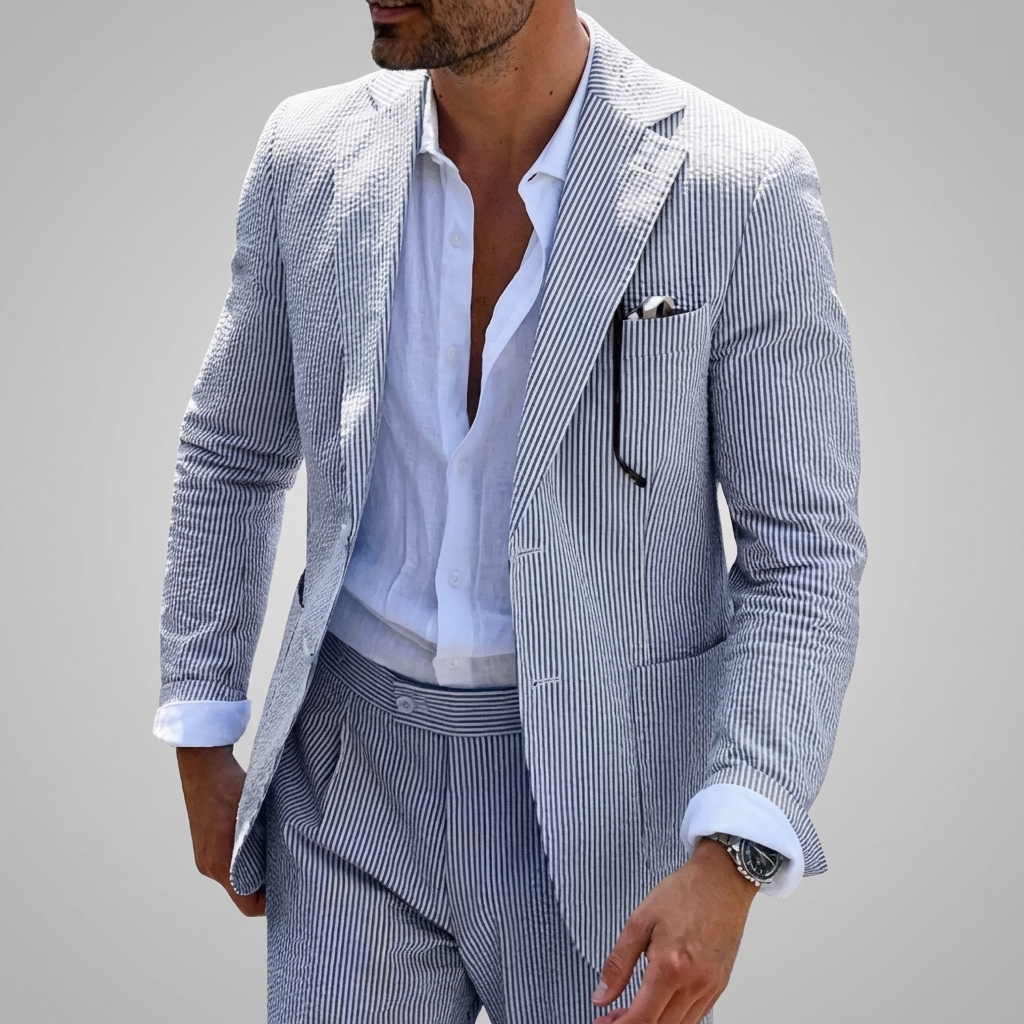 Sleek men's slim fit pinstripe summer suit, versatile for business casual, formal wear, or wedding events.