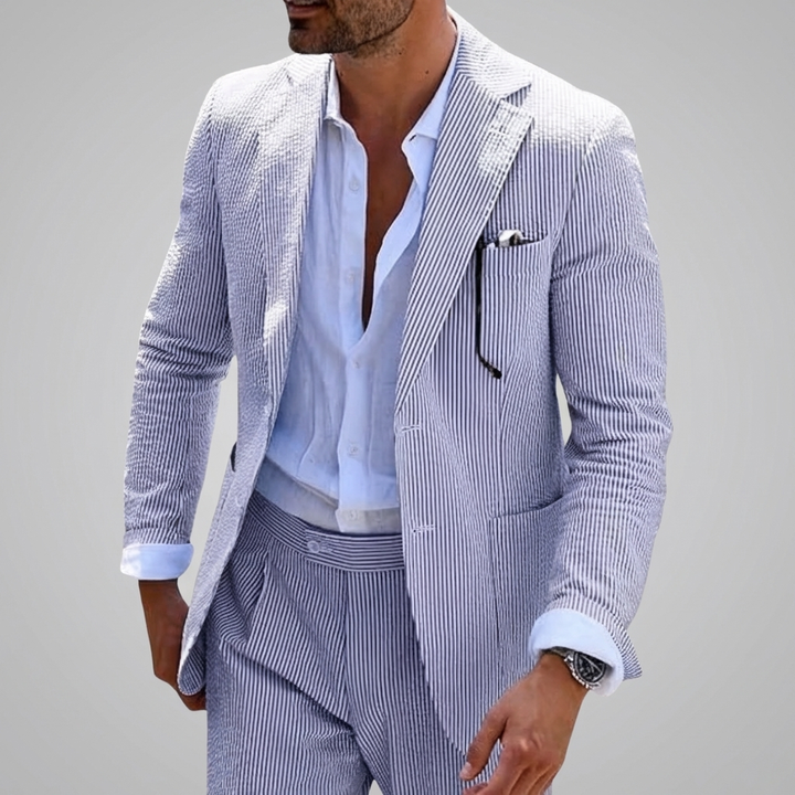 Sharp men's pinstripe summer suit in a two-piece slim fit design. Excellent modern choice for events & business.