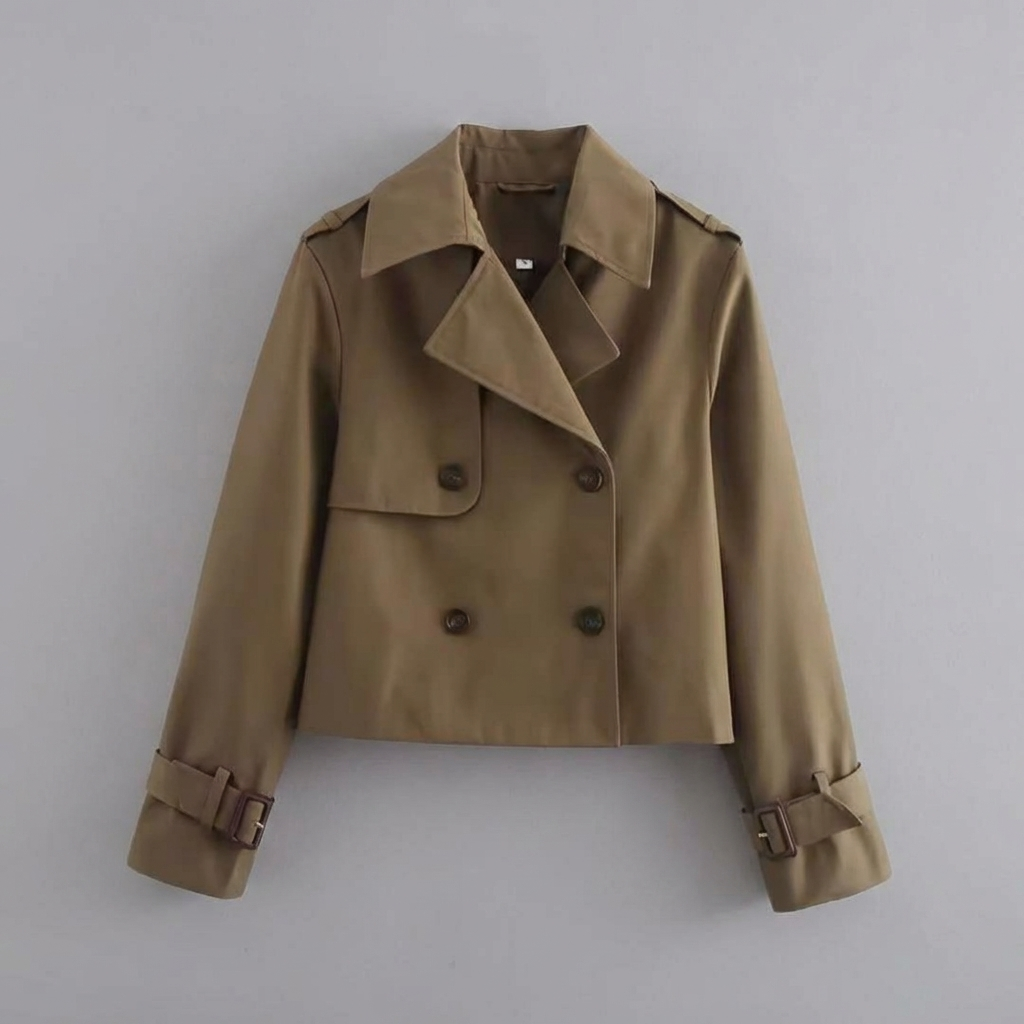 Versatile women's cropped trench coat with chic double buttons. A perfect light layer & stylish outerwear for spring/fall.