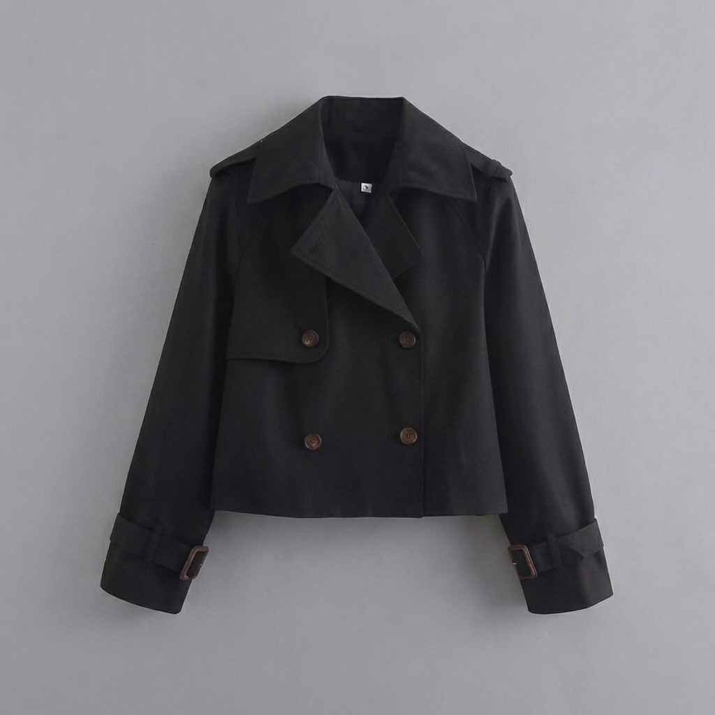 Elegant women's cropped trench coat. Features double-button closure & classic lapel. Ideal spring/fall fashion.