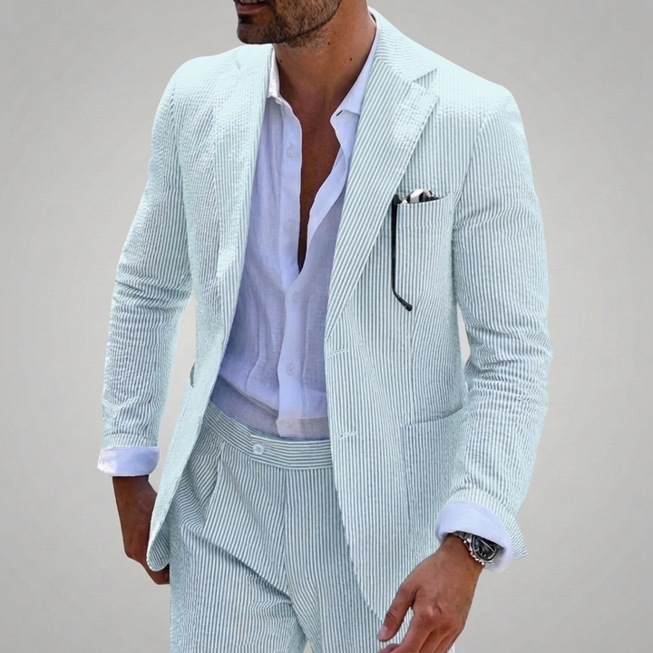 Stylish men's two-piece pinstripe summer suit with a sleek slim fit. Ideal for formal events & warm weather.