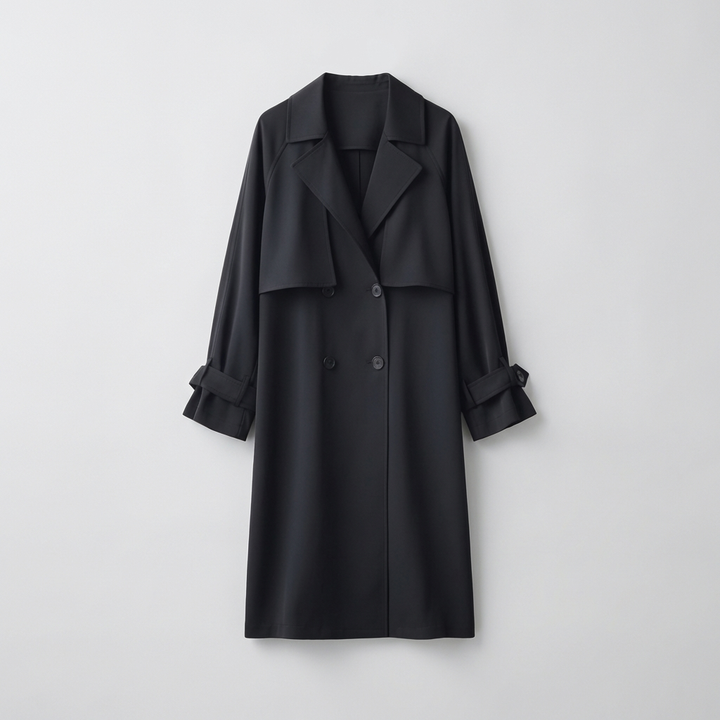 Versatile women's long trench coat in a classic style, featuring button front closure & adjustable belt, ideal for office or casual.