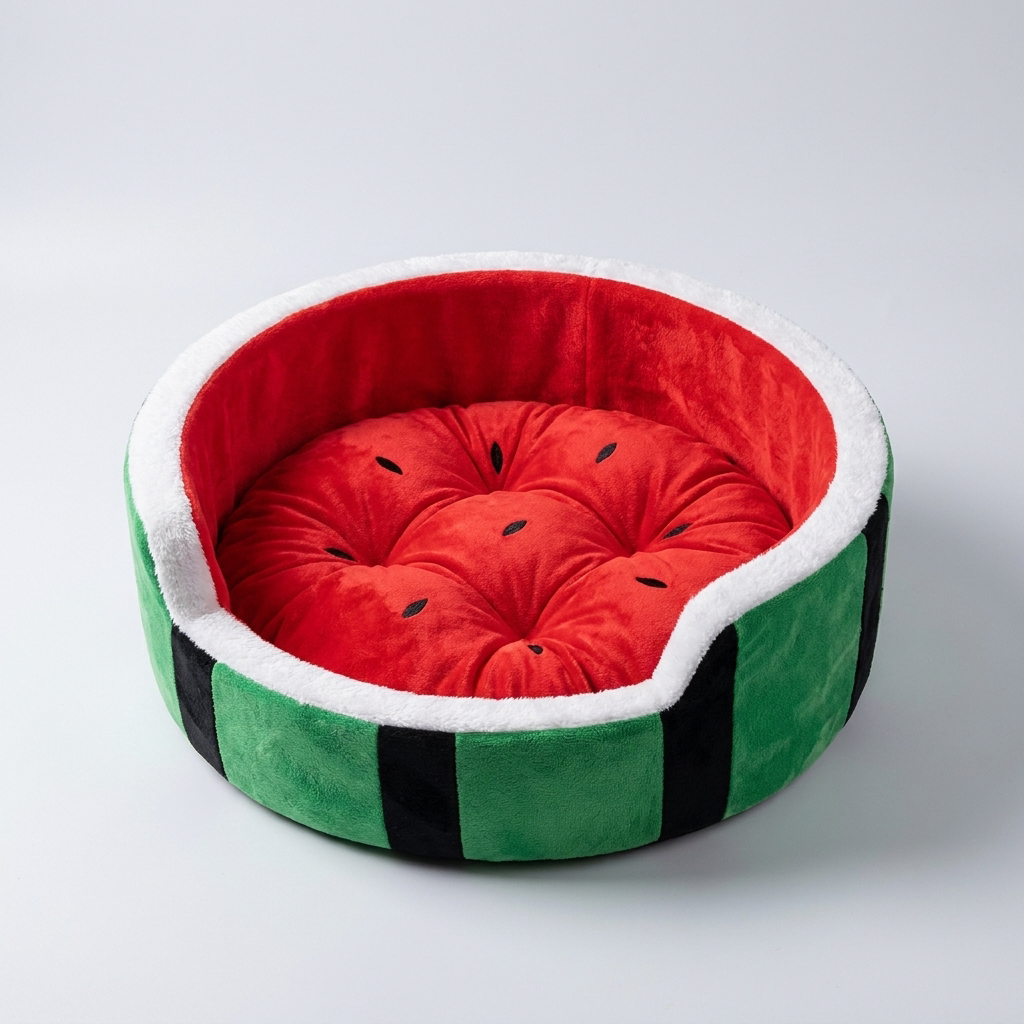 Soft watermelon slice pet bed, a comfortable cat lounge for cozy naps, ideal for small animals and pet accessories.