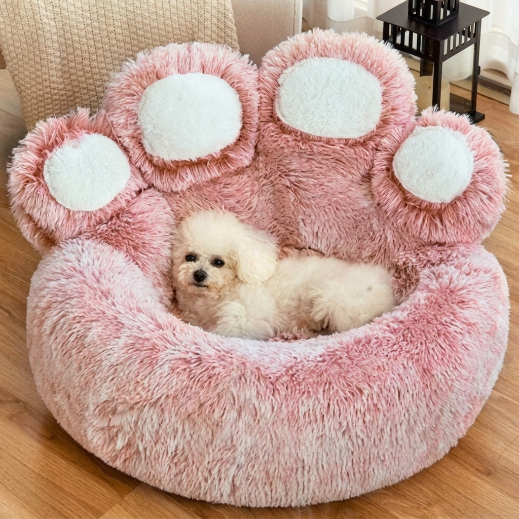 Plush dog calming sofa bed with washable cover, perfect for anti-anxiety comfort for small to large dogs.