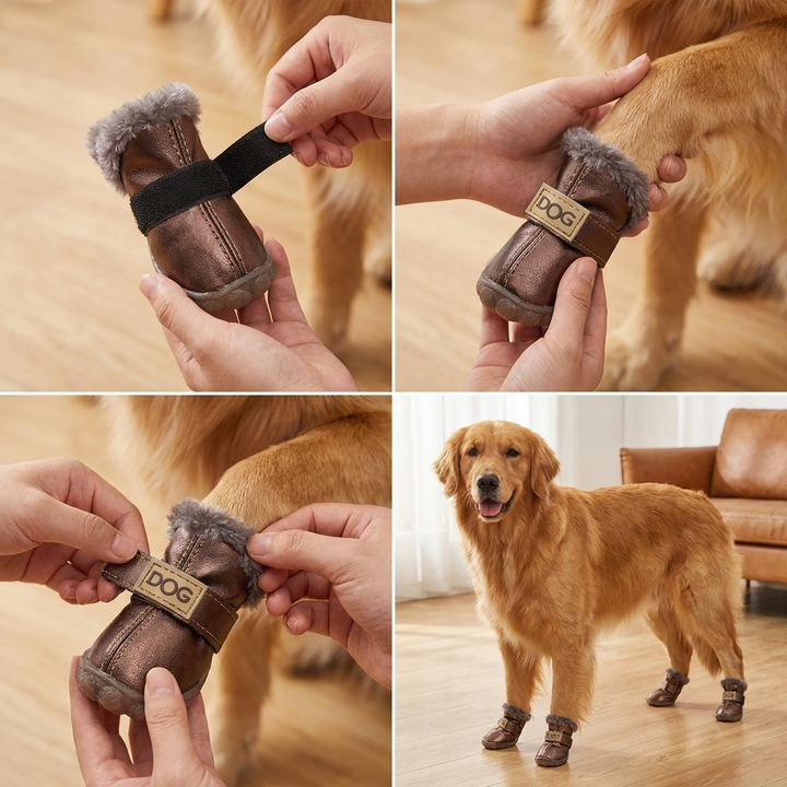 Waterproof dog shoes offering all-weather paw protection against rain, snow, and hot pavement for your pet.