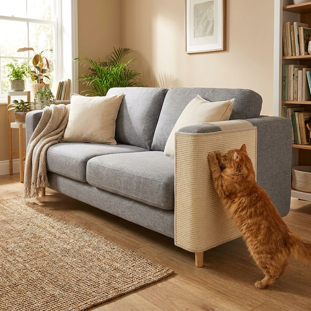 Durable sisal cat scratch sofa shield full armrest cover. Pet furniture protector for feline entertainment & care.