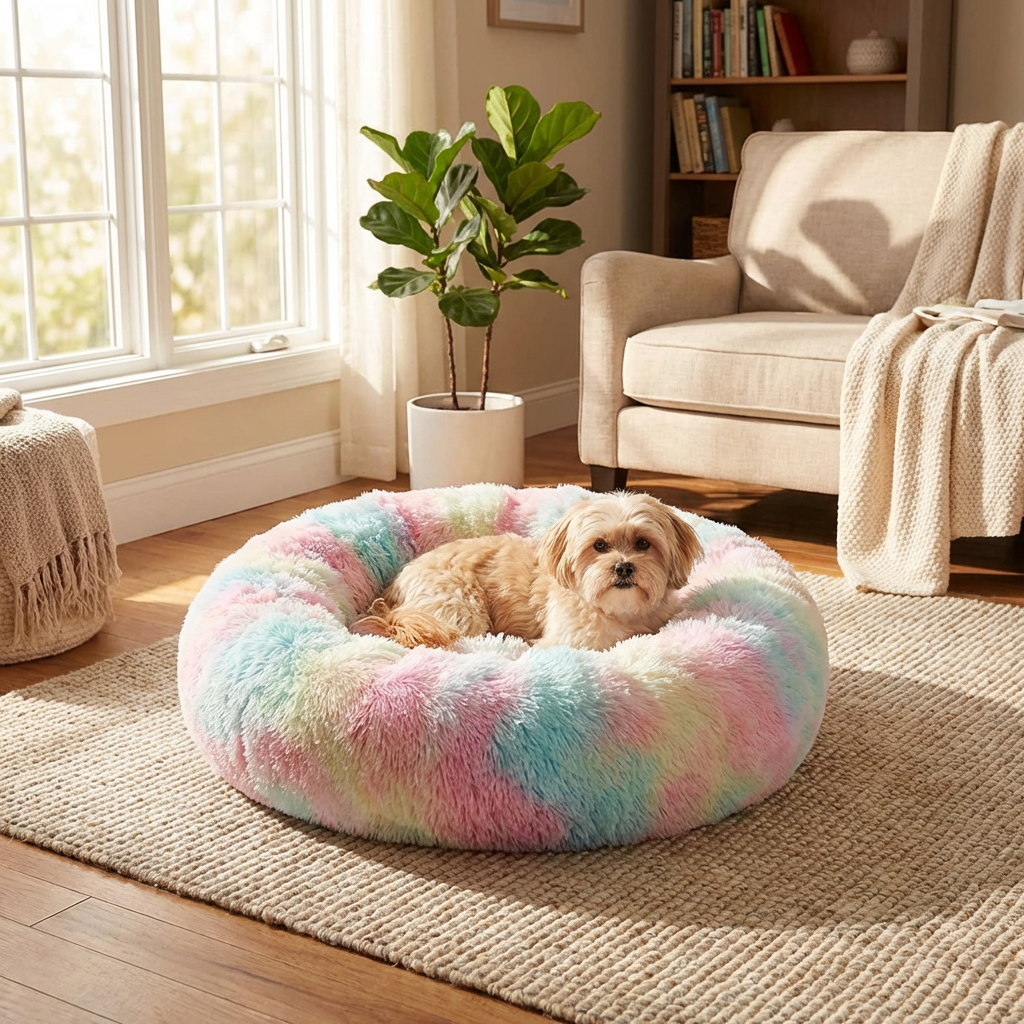 Plush calming dog bed for anxiety relief, featuring soft faux fur, suitable for small to large dogs.