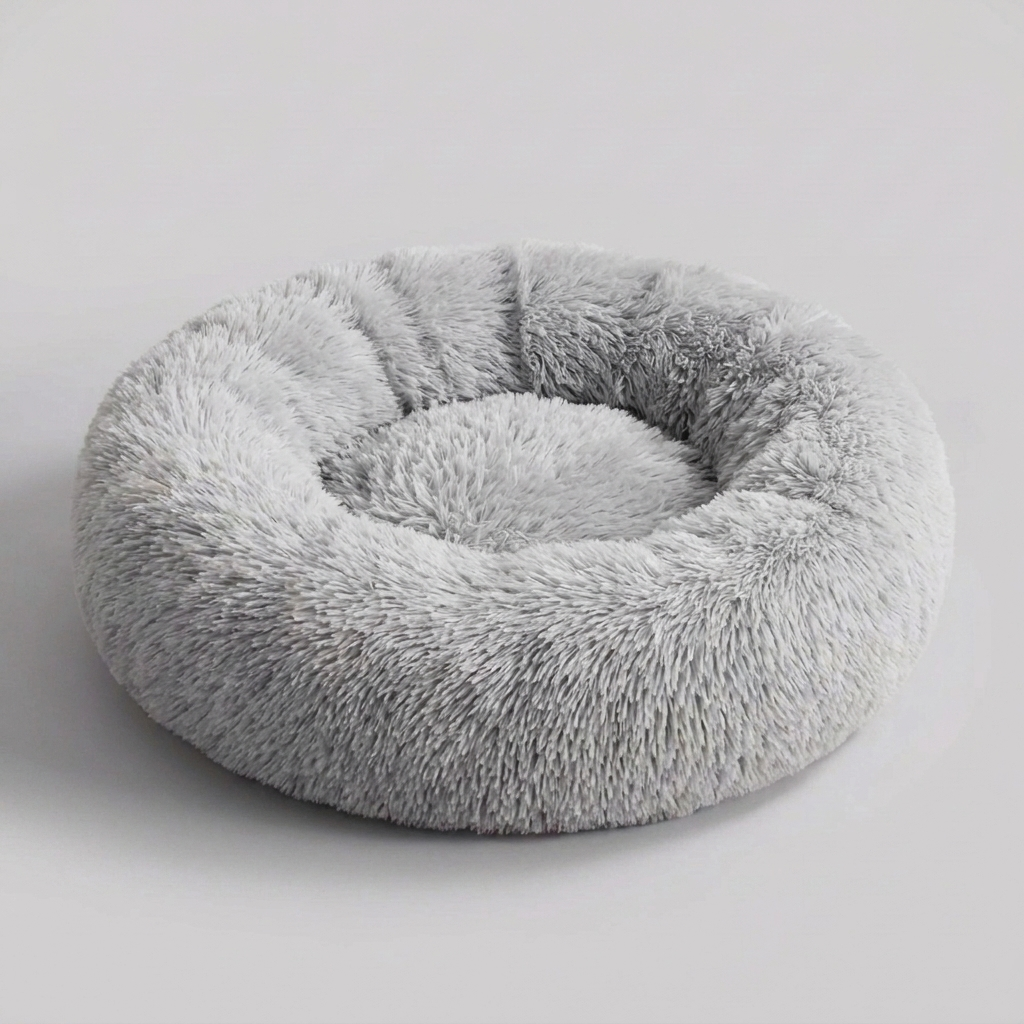 Large calming pet bed for anxious dogs, cozy faux fur, provides anxiety relief & comfortable rest.
