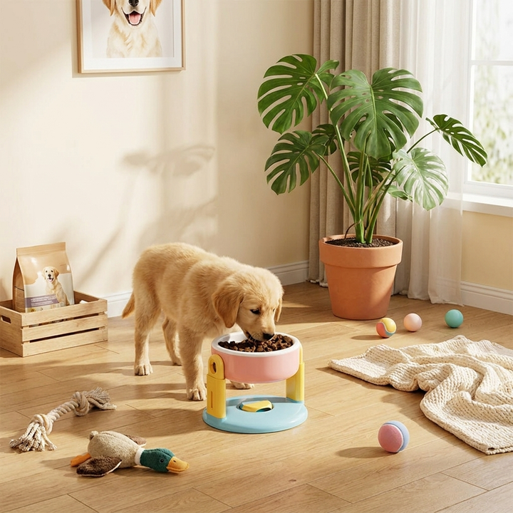 Adjustable raised pet bowl for dogs & cats, promoting neck health & comfortable feeding. Anti-slip base.