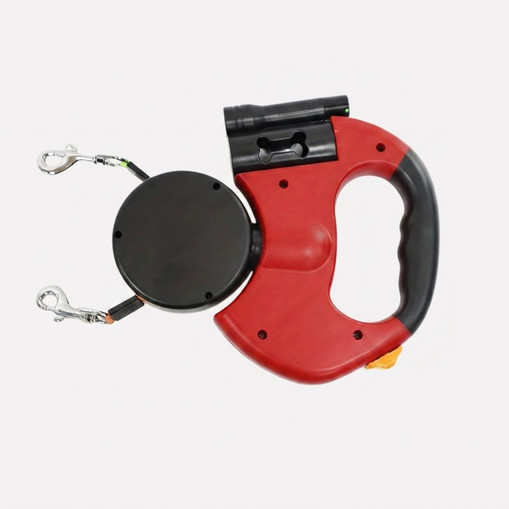 Convenient retractable leash with bright LED light designed for walking two dogs simultaneously. Essential pet accessory.