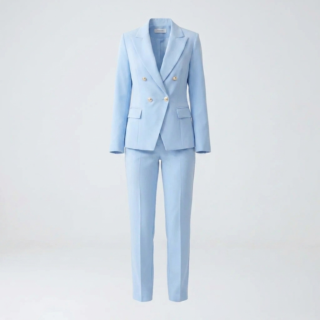Elegant women's trouser suit featuring a double-breasted blazer & straight-leg pants. Essential formal office wear.