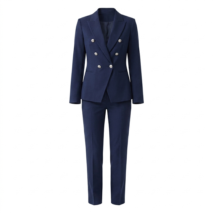 Classic women's professional suit set, including a double-breasted blazer & sleek straight-leg trousers for work.