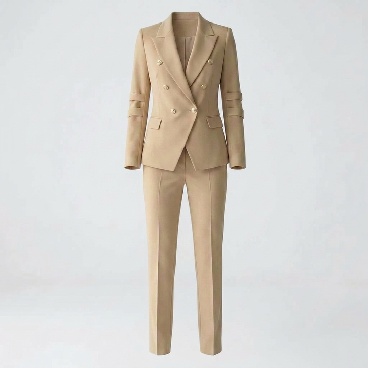 Modern women's tailored business suit. Features a sophisticated blazer & straight-leg trousers for office fashion.