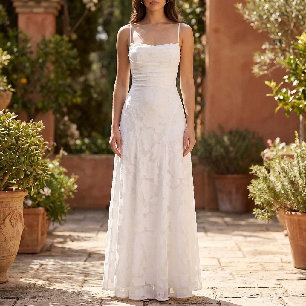 Women's elegant floral maxi evening dress with spaghetti straps, perfect for formal events & wedding guests.