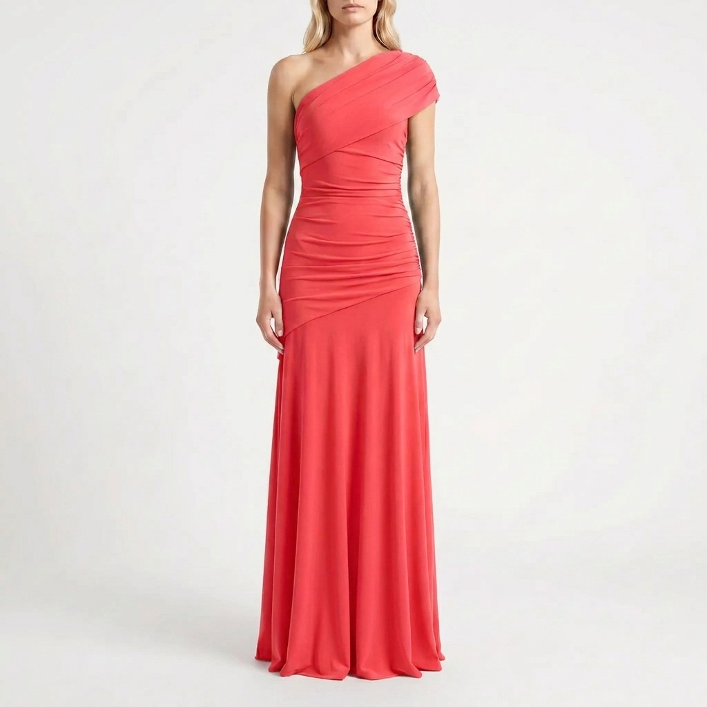 Flattering asymmetric long dress for women with one-shoulder design, a sophisticated formal evening gown.