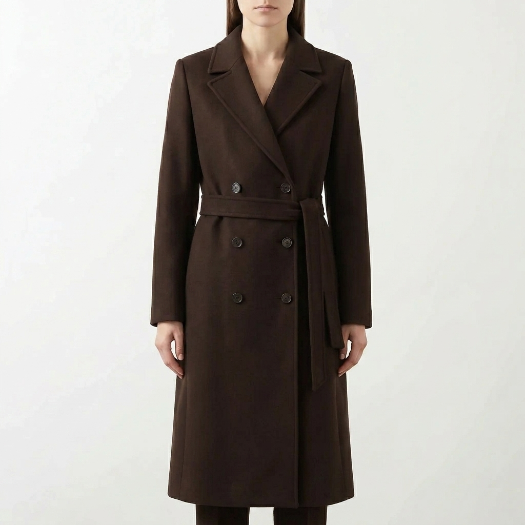 Classic women's tailored long coat, double-breasted with a belt, ideal for elegant fall fashion.