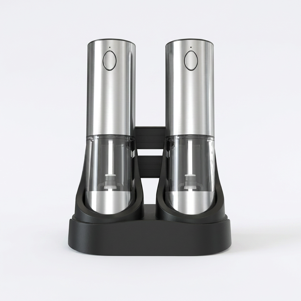 Modern electric salt and pepper grinder set. Battery-powered, adjustable spice mills for versatile kitchen seasoning.