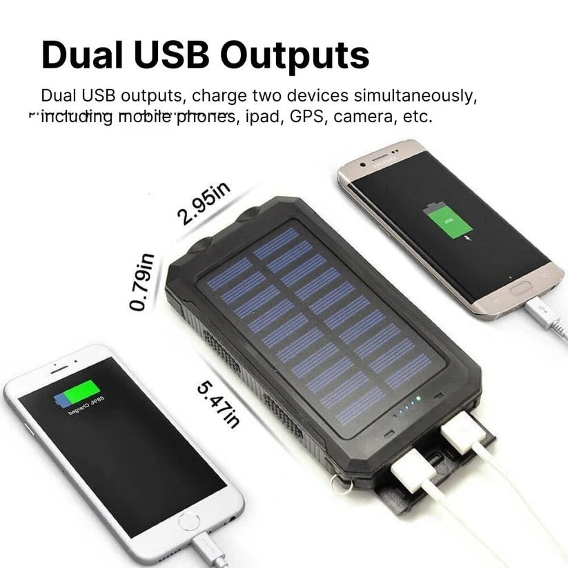 "High-capacity waterproof dual USB solar charger with LED lights; 500,000mAh power bank; compact; for outdoor use."
