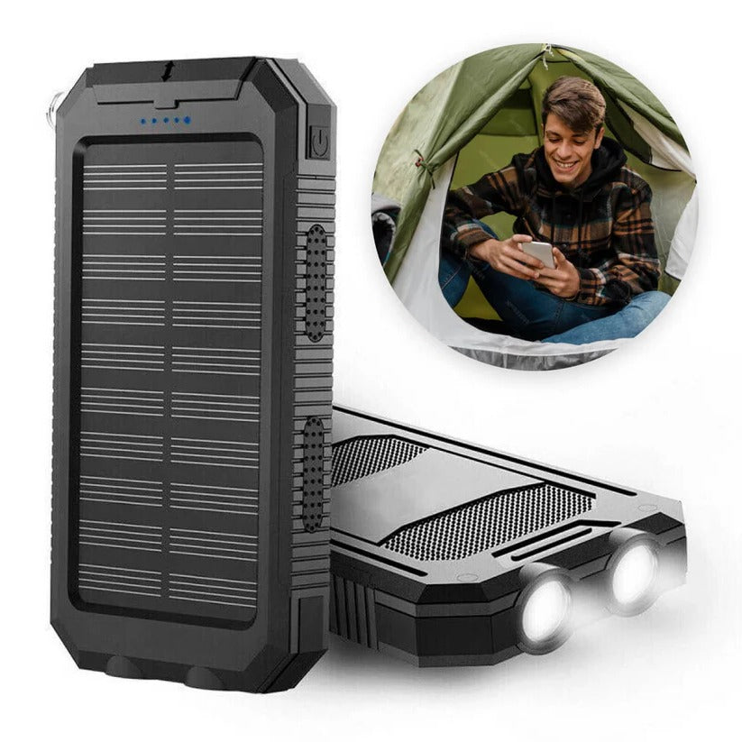 "High-capacity waterproof dual USB solar charger with LED lights; 500,000mAh power bank; compact; for outdoor use."