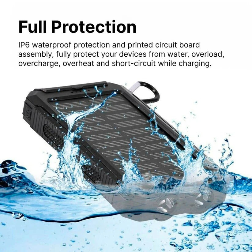 "High-capacity waterproof dual USB solar charger with LED lights; 500,000mAh power bank; compact; for outdoor use."