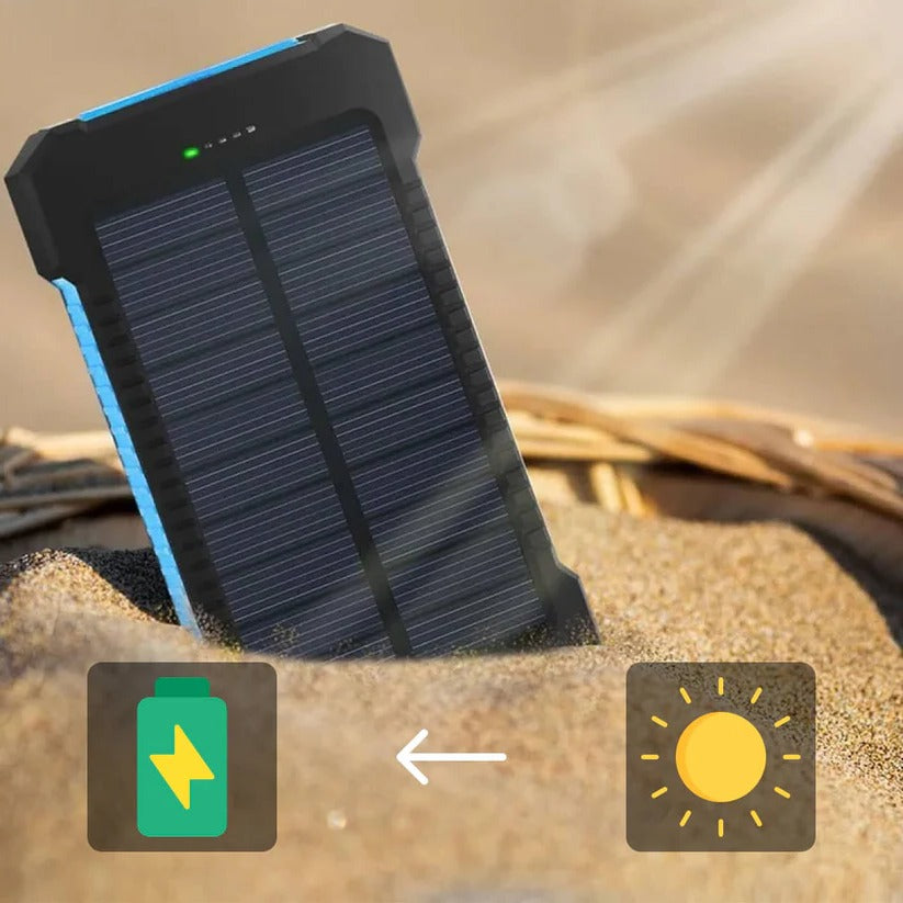 "High-capacity waterproof dual USB solar charger with LED lights; 500,000mAh power bank; compact; for outdoor use."