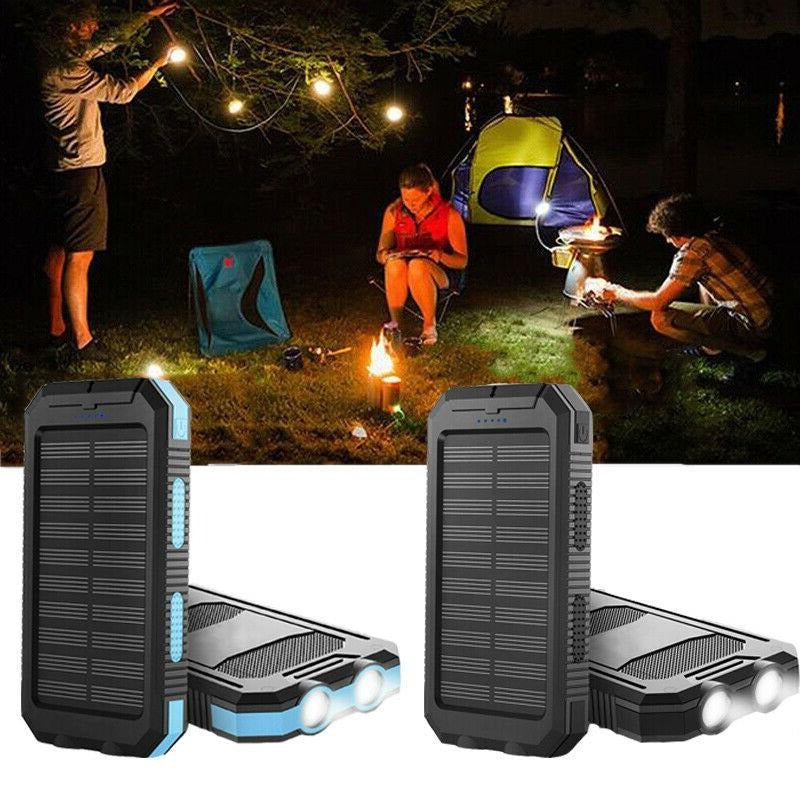 "High-capacity waterproof dual USB solar charger with LED lights; 500,000mAh power bank; compact; for outdoor use."