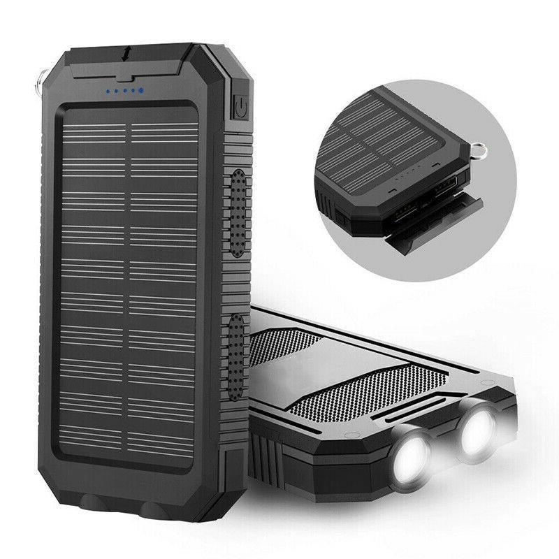 "High-capacity waterproof dual USB solar charger with LED lights; 500,000mAh power bank; compact; for outdoor use."