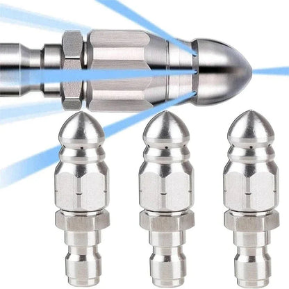 "High-pressure stainless steel sewer jetter nozzle, silver, with pointed tip for effective pipe cleaning and unclogging."