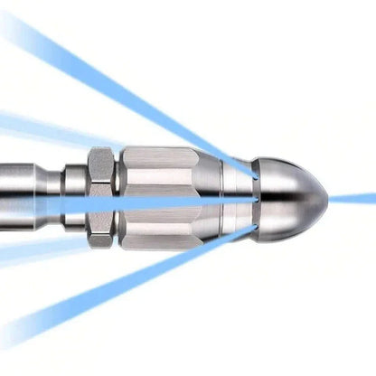 "High-pressure stainless steel sewer jetter nozzle, silver, with pointed tip for effective pipe cleaning and unclogging."