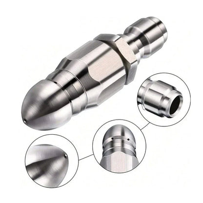 "High-pressure stainless steel sewer jetter nozzle, silver, with pointed tip for effective pipe cleaning and unclogging."