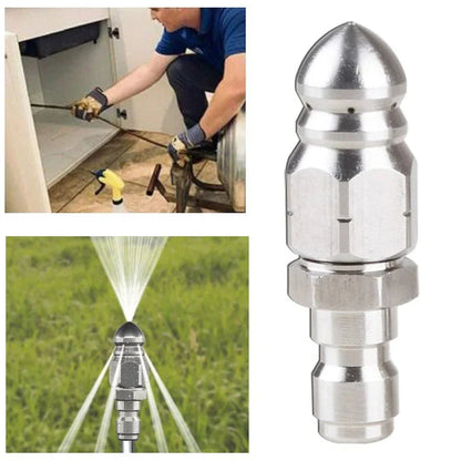 "High-pressure stainless steel sewer jetter nozzle, silver, with pointed tip for effective pipe cleaning and unclogging."