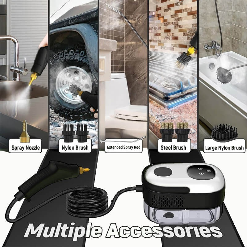 High pressure steam cleaner with 5 brushes, 2500W power, and adjustable flow speeds for versatile dirt removal on various sur