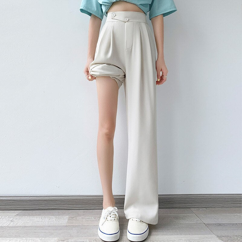 Versatile high-waist wide leg casual trousers for women, suitable for both office and everyday elegance.