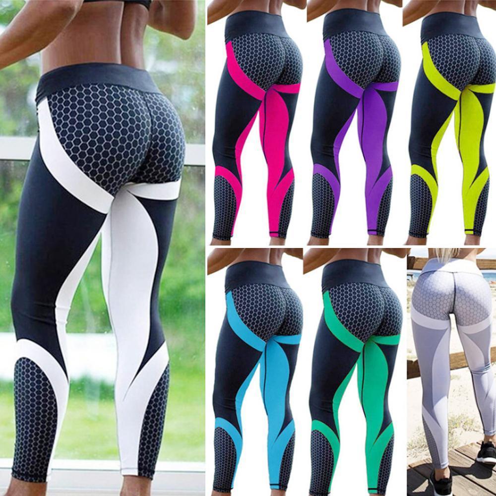 Flexible women's workout leggings with a high waist and eye-catching geometric pattern.