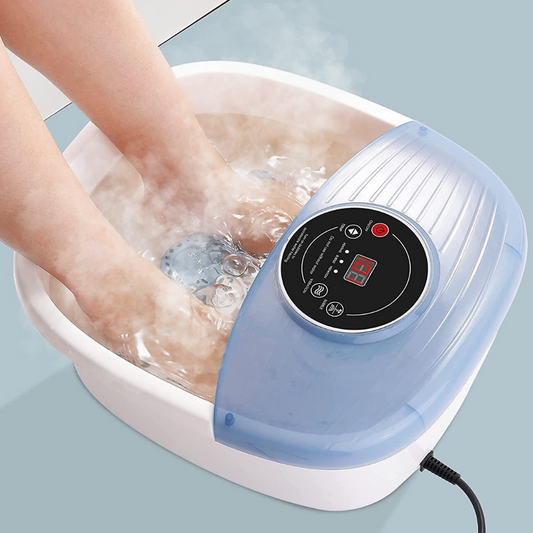 "Home Foot Spa with bubble massage, temperature control, blue plastic design, relaxation, and stress relief for feet care."
