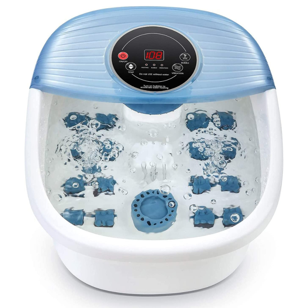 "Home Foot Spa with bubble massage, temperature control, blue plastic design, relaxation, and stress relief for feet care."