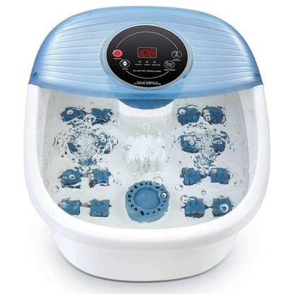 "Home Foot Spa with bubble massage, temperature control, blue plastic design, relaxation, and stress relief for feet care."