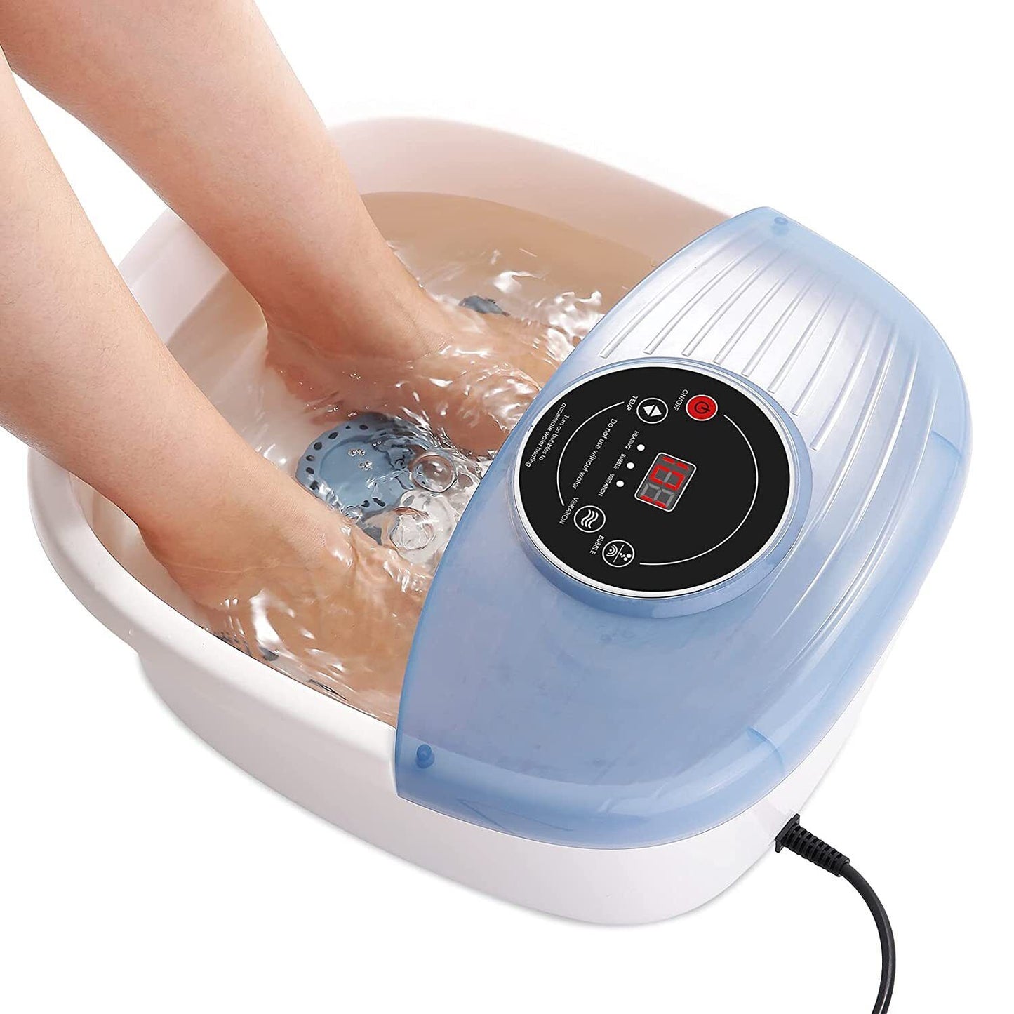 "Home Foot Spa with bubble massage, temperature control, blue plastic design, relaxation, and stress relief for feet care."