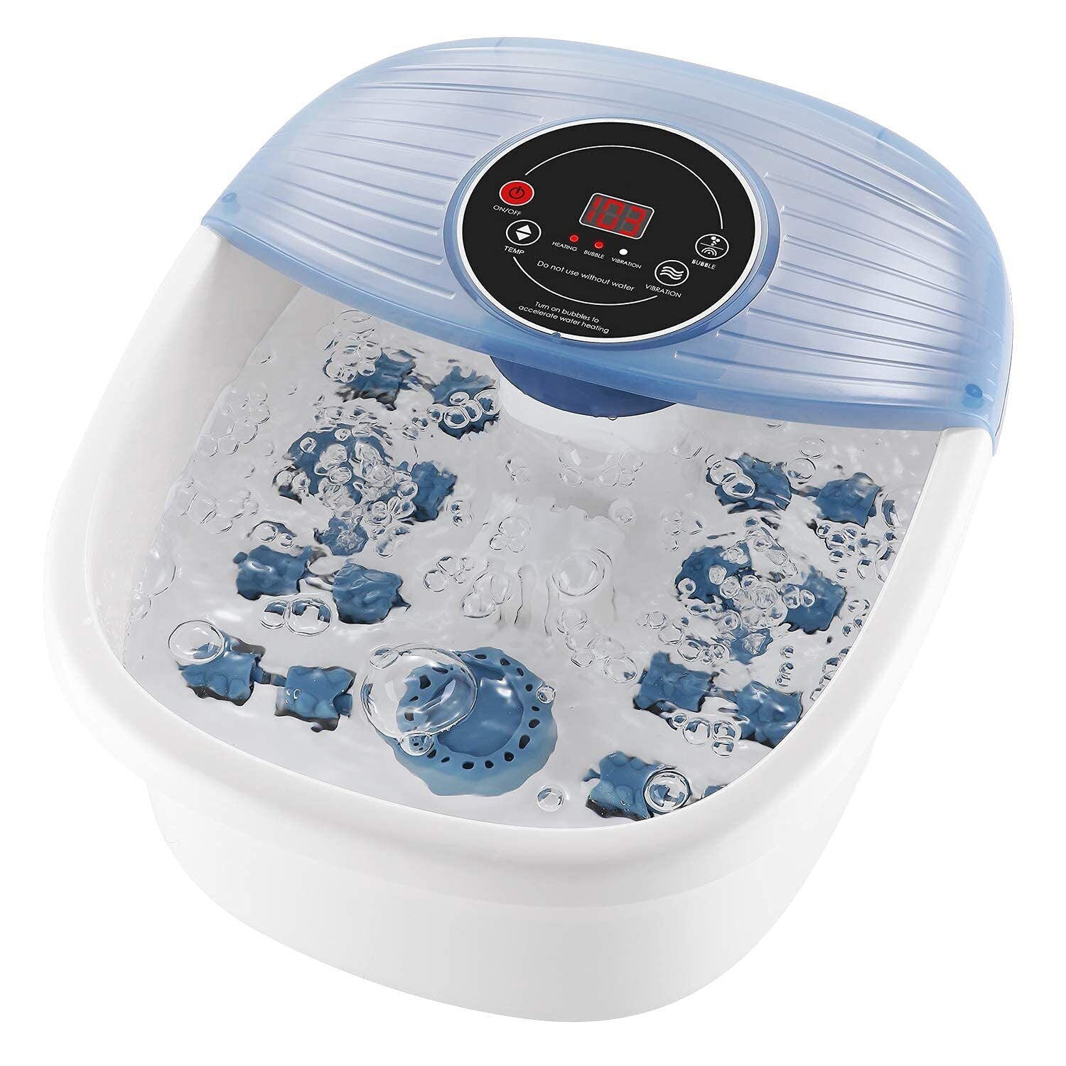 "Home Foot Spa with bubble massage, temperature control, blue plastic design, relaxation, and stress relief for feet care."